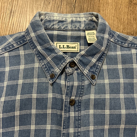 Men's LLBean Size Med Blue White Plaid Heavy Twill Button Down Long Sleeve Shirt - Picture 11 of 14
